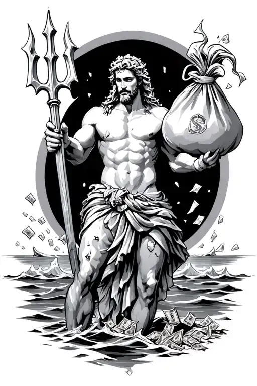 Poseidon Holding A Iced Out Trident Standing Over The Ocean Holding A Ripped Bag Of Money Spilling