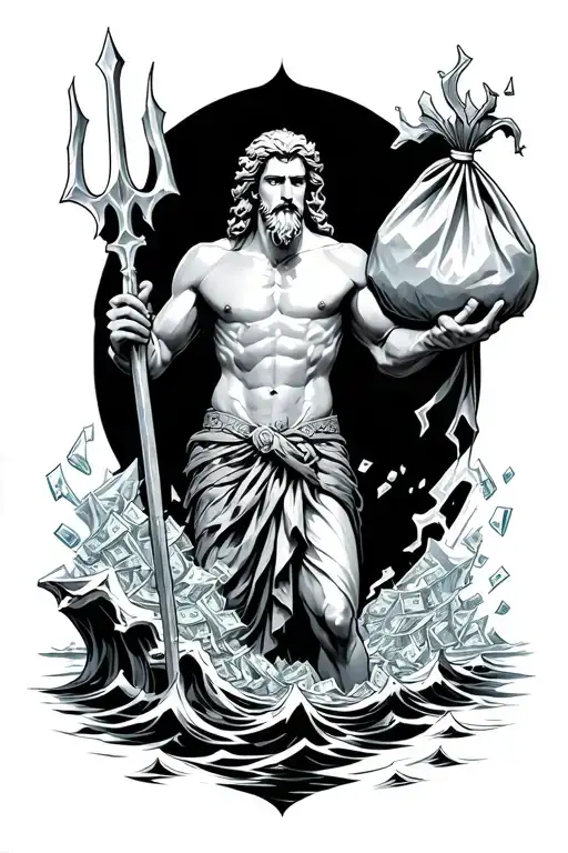 Poseidon Holding A Iced Out Trident Standing Over The Ocean Holding A Ripped Bag Of Money Spilling