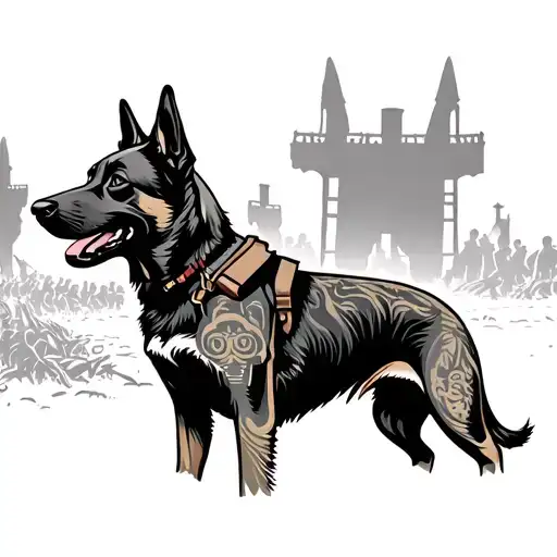 A Silhouette Of A Military Dog With A Historical Battlefield In The Background