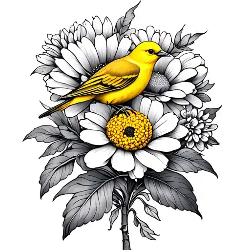 Delicate Fine Line Marigold Flowers With A Yellow Bird