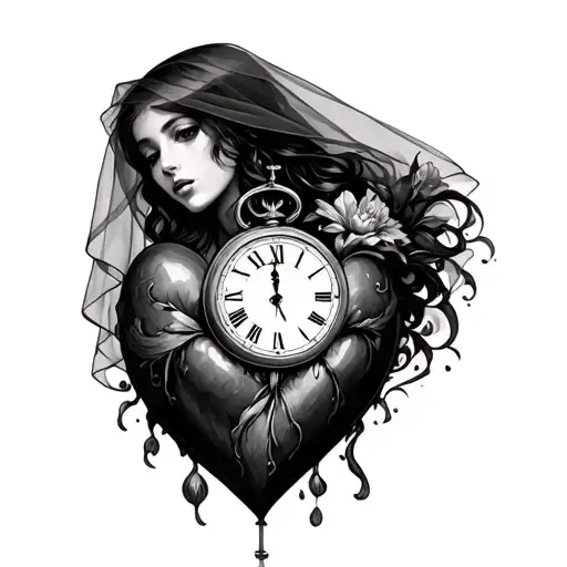 Woman Wearing Veil Has Clock At Bottom Coming Out Of Heart