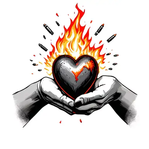 Hands Holding A Burning Heart With Falling Bullets