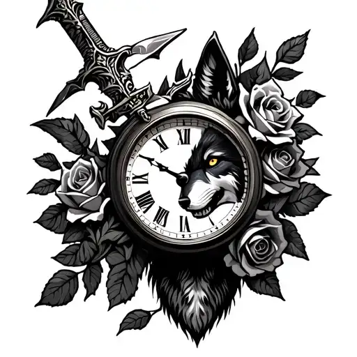 Dagger And Roses Surrounding With A Blocked Clock And A Wolf Face