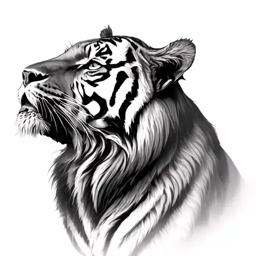 Tiger Looking Up To Lion Side View