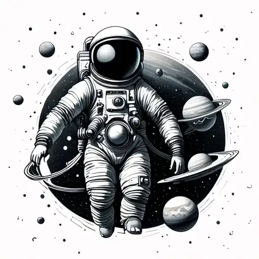 Astronaut And Galaxies And Planets Orbiting