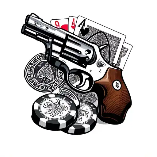 Revolver With Playing Cards And Poker Chip