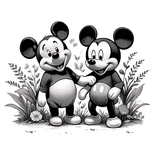 Winnie The Pooh And Micky Mouse Together With Some Plants