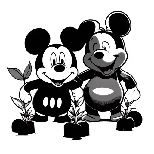 Micky Mouse And Winnie The Pooh Together With Some Plants