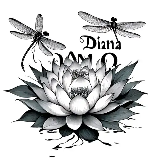 Name Diana And Dragonfly With Lotus Flower