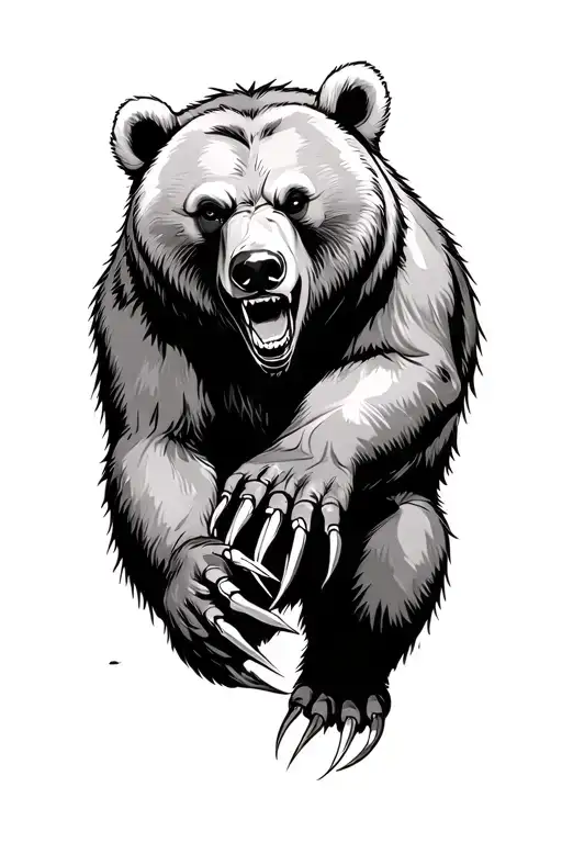 Bear With Paw And Claws Agressive Rushing Night Forest