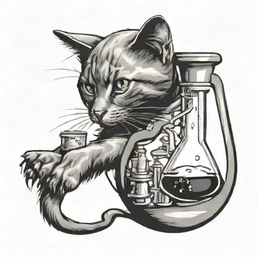 A Black-grey Tattoo Of A Laboratory Flask Morphing Into A Cat Silhouette