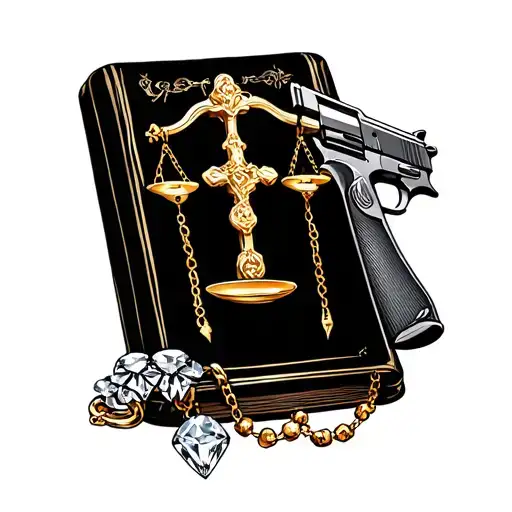 Scale With Bible And Rosary One Side Diamonds Gold And Gun On The Other