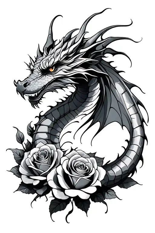 Ink Stroke Dragon With Roses Intertwined