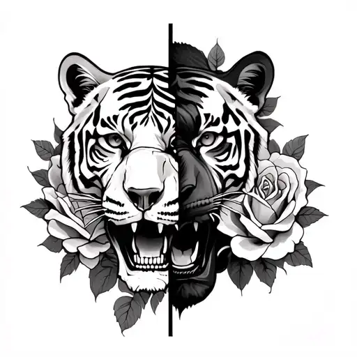 Half A Tiger Half A Skull With Roses Intertwined