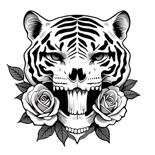 Half A Tiger Skull With Roses Intertwined Within