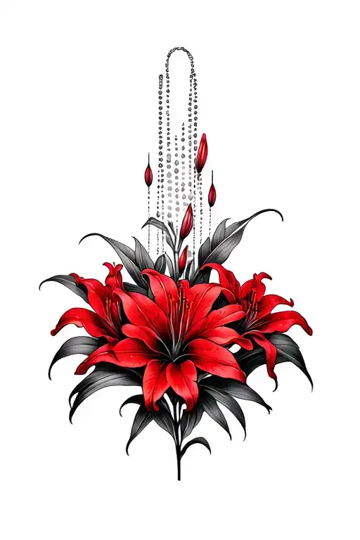 Red Spider Lily Flowers In The Center Going Down Into A Almost Bead Curtain