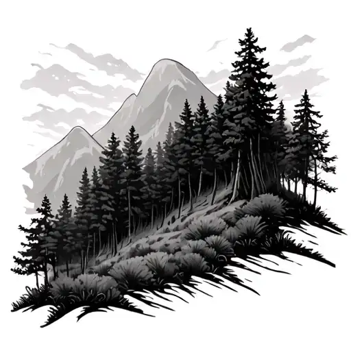Densely Populated Forest In Black And Grey Tattoo For Half Slevee