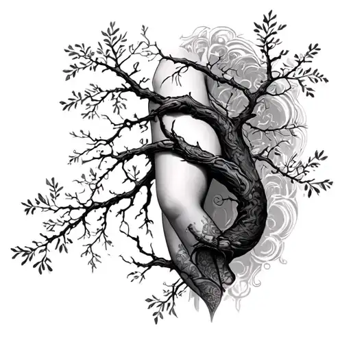 Women's Thigh Tattoo To Cover Scars At An Angle With Fine Tree Branches That Roll Up The