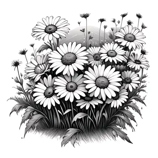 Sunrise On The Background Of The Flower Field Of Daisies