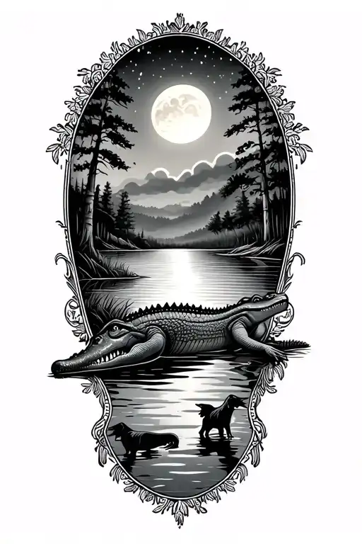 Caddo Lake Scene With Alligator And Dogs With A Night Sky