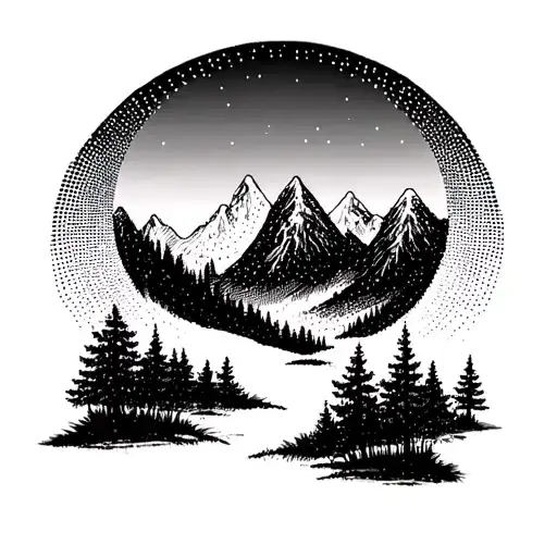 Dotted Circle With Mountains And Trees Growing