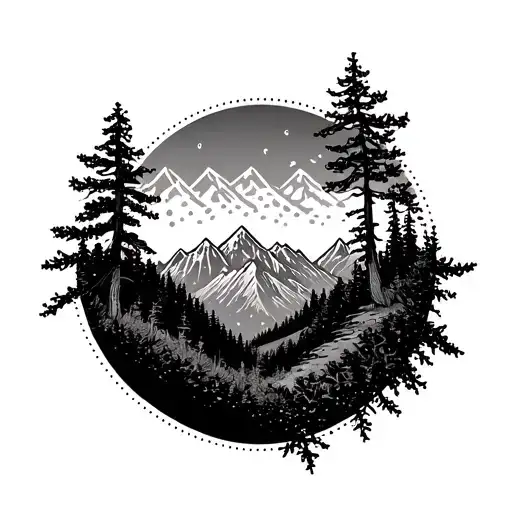 Dotted Circle Frame With Mountains And Trees Growing Inside