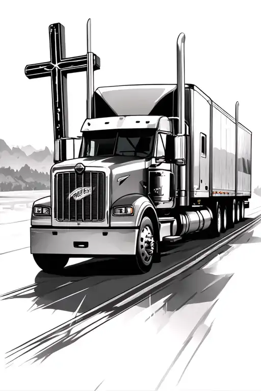Road Leading Towards 3 Crosses With A 18 Wheeler Driving On The Road