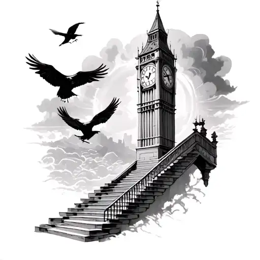 Stairway To Heaven With Clock Tower Crows Flying