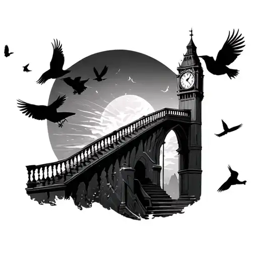 Long Stairway To Heaven With Clock Tower Crows Flying