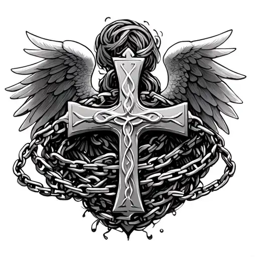 Cross With A Chain Tangled Around The Base And Wings