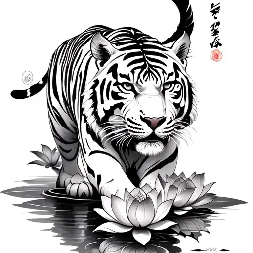 Tiger Walking With Lotus Flower Calligraphy Style Black