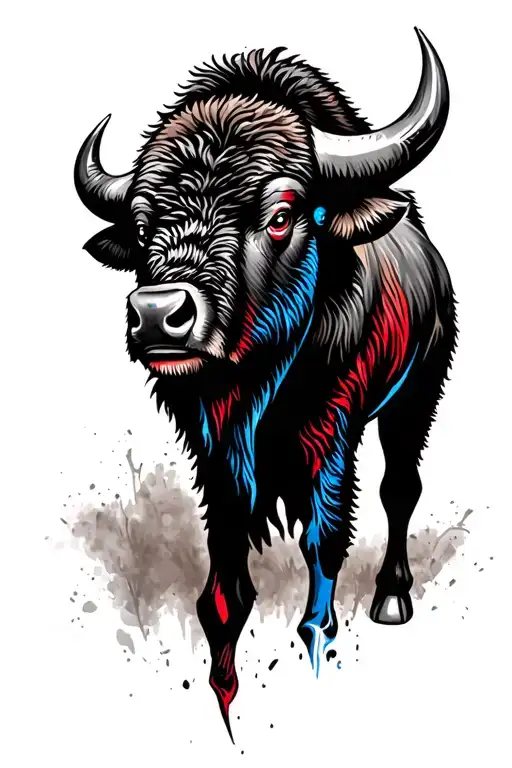 Bison Head And Neck Realistic Lots Of Fur Highlighted In Blue And Red