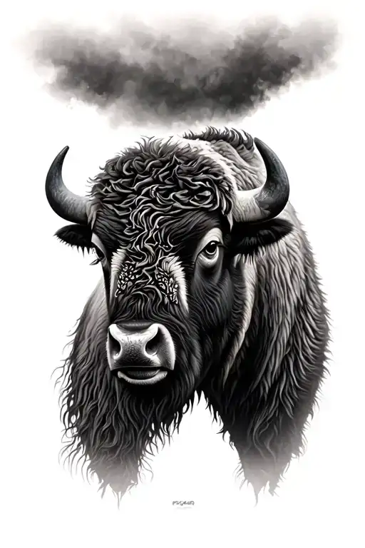Bison Head And Neck Hyper Realistic Lots Of Fur Highlighted In Subtle