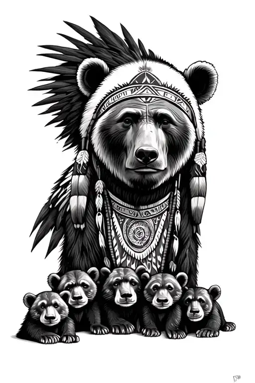 Native American Medicine Man Head And Momma Bear With 4 Cubs