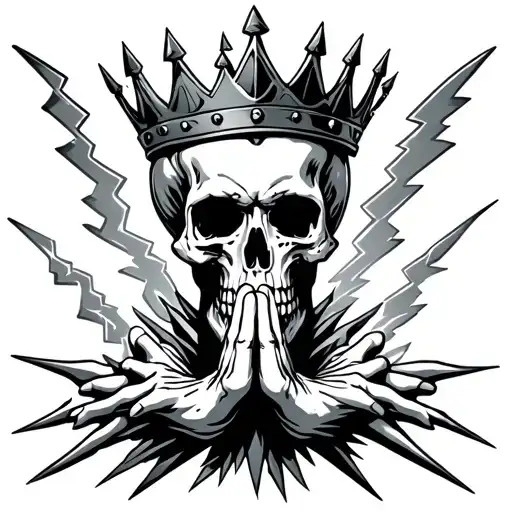 Skull With Crown Praying Hands Holding Bolts Of Lightning
