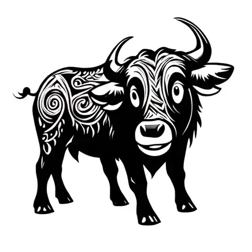 Simple Water Buffalo With Smiley Face Emoji As Head In Black Ink In A Tribal Style