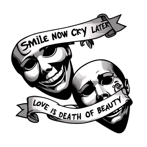 Smile Now Cry Later Masks With A Banner That Says Love Is The Death Of Beauty