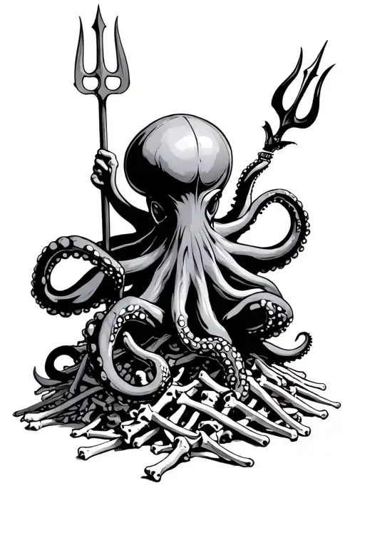 Octopus Sitting On Pile Of Bones Holding A Trident