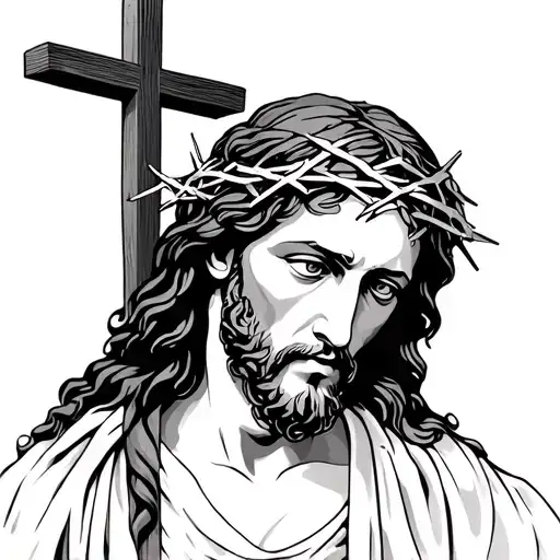 Jesus Christ With Crown Of Thorns With Cross In Background
