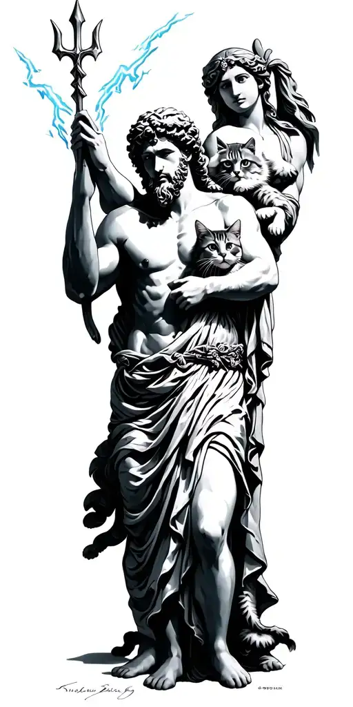 Zeus Holding A Bolt Of Lightning Poseidon Holding A Trident And Hera Holding A Cat In Her Arms