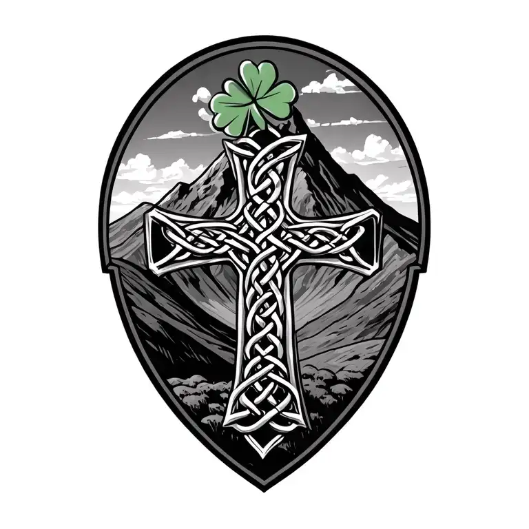 Celtic Cross In Front Of A Mountain With A Four Leaf Clover