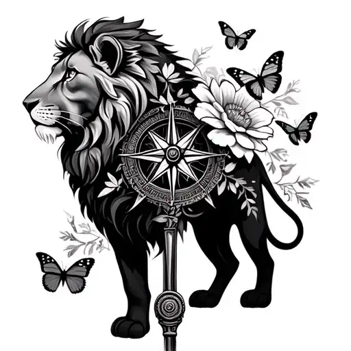 Lion With Compass And Flowers And Butterflies
