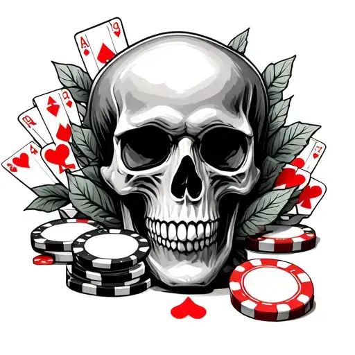 Skull And Casino Chip And Cards Arranged