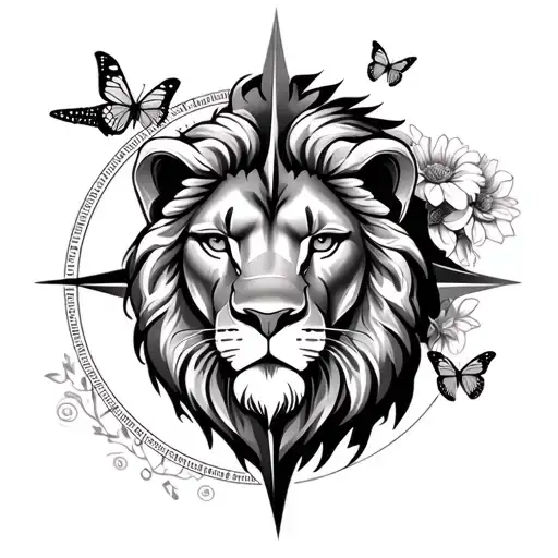 Lions Face With Compass And Flowers And Butterflies