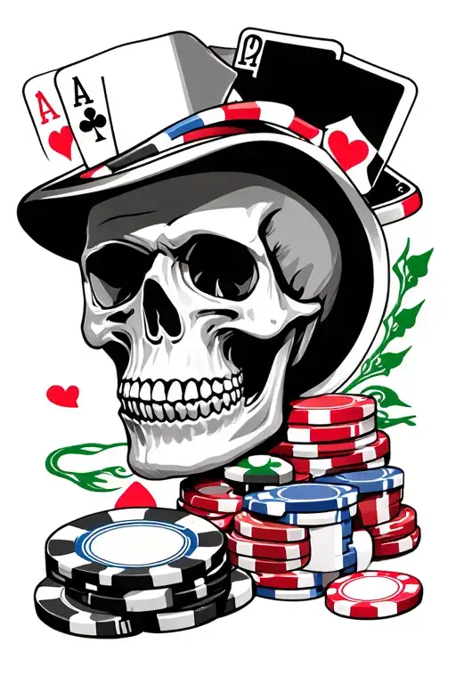 Skull And Casino Chip And Cards Arranged
