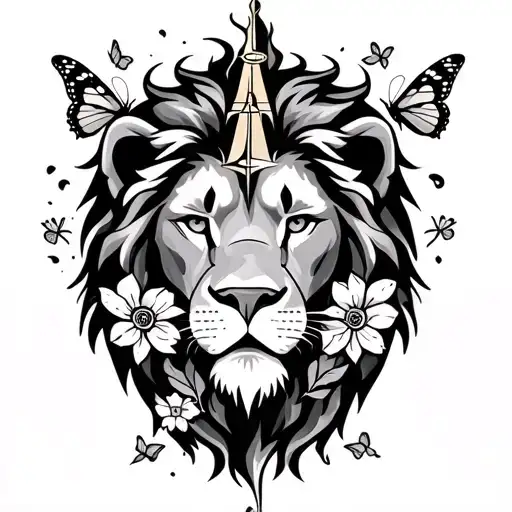 Lions Face With Compass And Flowers And Butterflies And Fire