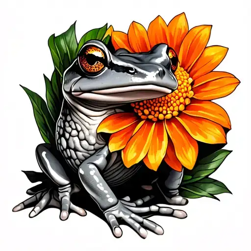 Blackworks Frog With Orange Dahlia On Forearm