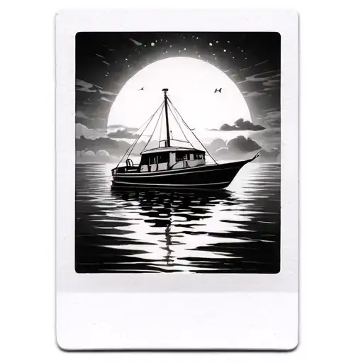 A Poloroid Picture With A Boat And Sunset In The Back