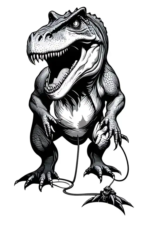 A T-rex On A Leash Being Help By Somebody