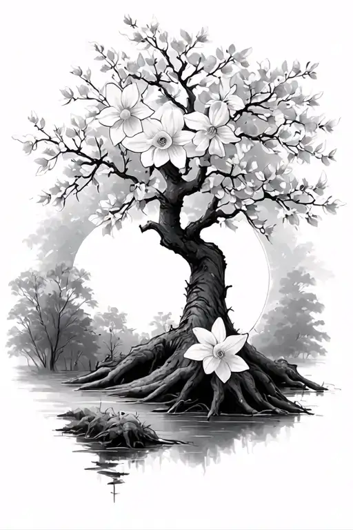 Daffodil And Cherry Blossom Tree